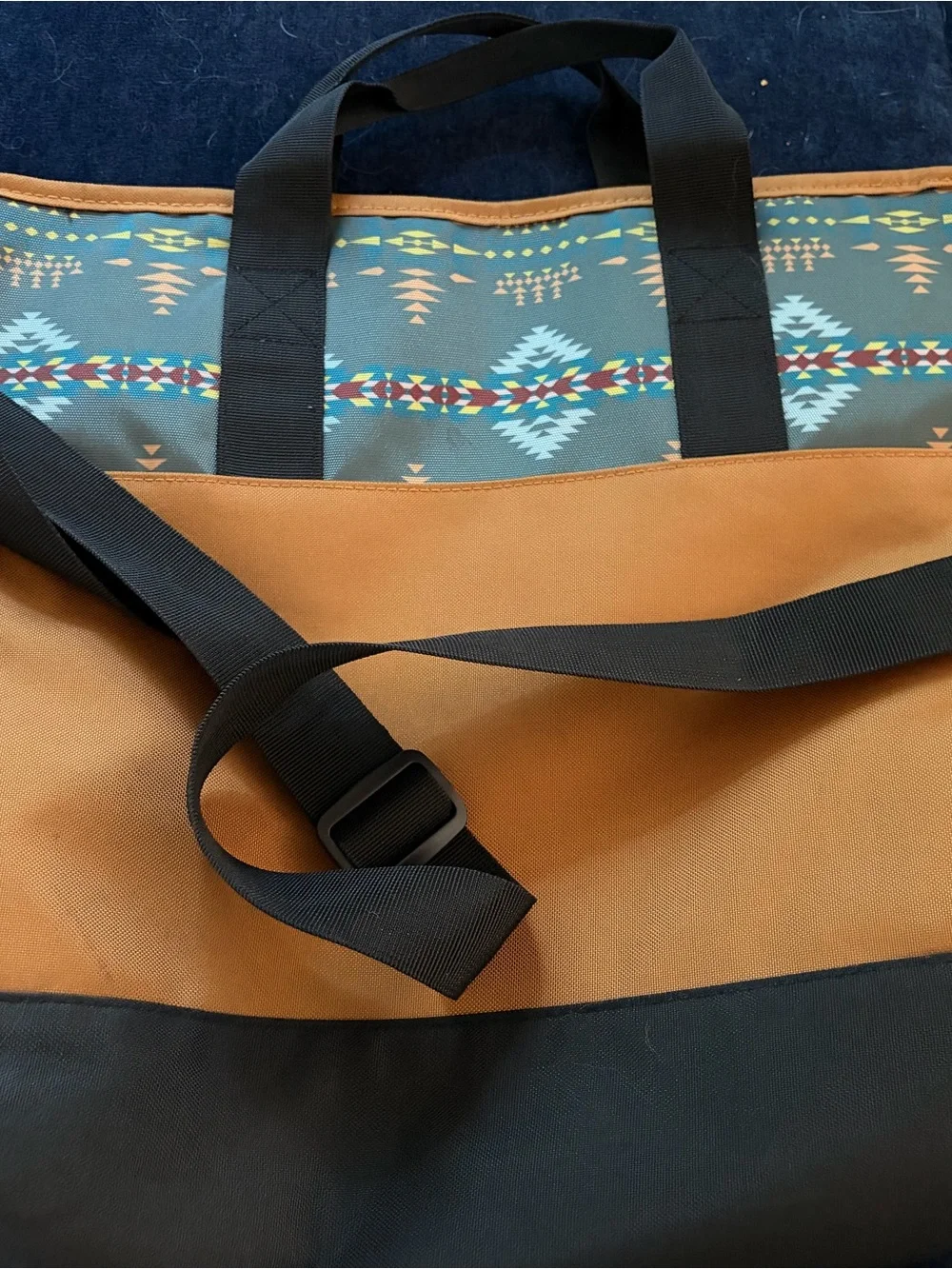 Pendleton Tan and Teal Southwestern Duffel with Black Handles